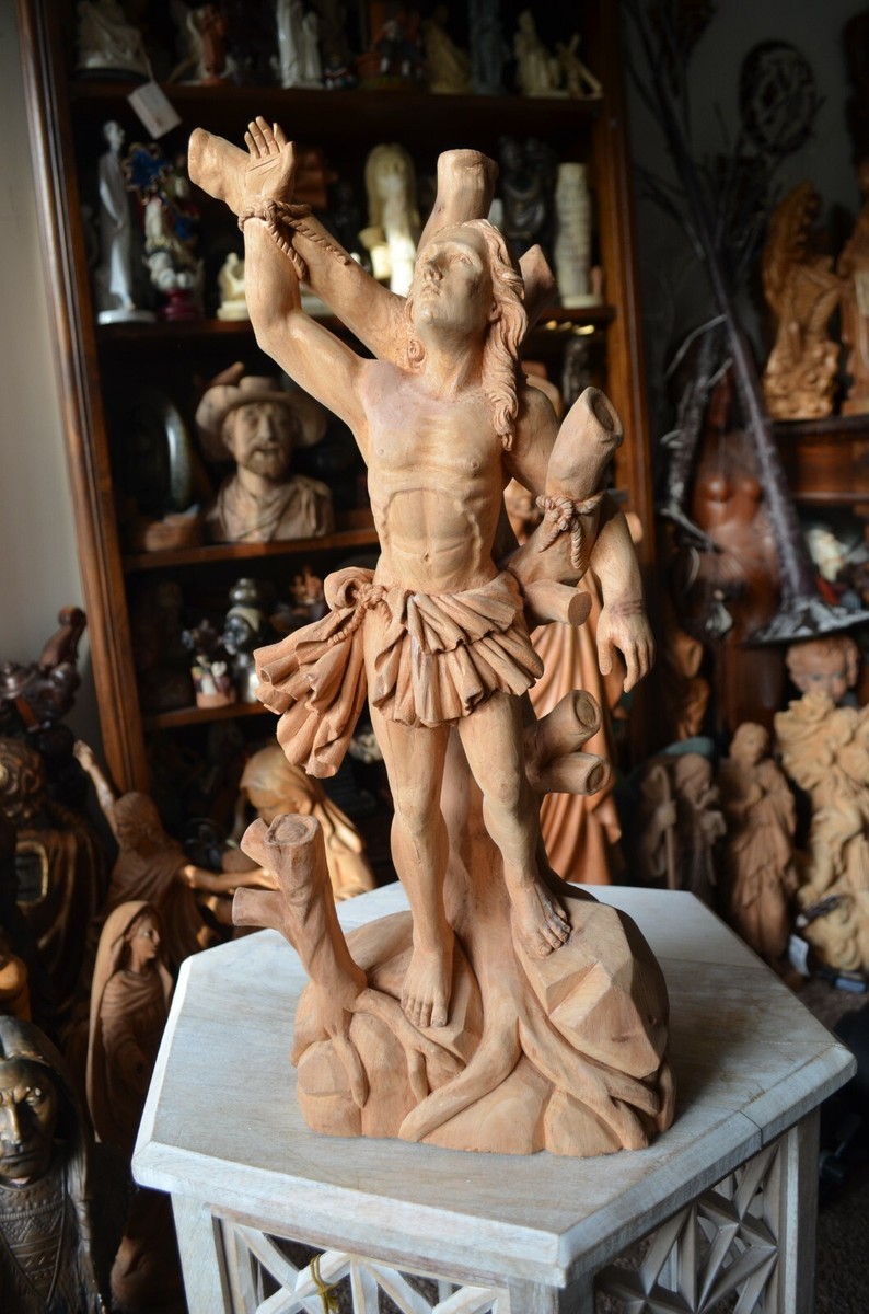 Hand carved wood Saint Sebastian Statue Religious Figures 21.5