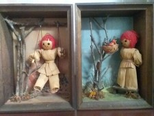 2 Enesco Corn Husk Doll Wood Frame Shadow Box Wall Hanging 8x6x3"ea