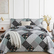 Floral Plaid Patchwork Quilt Set King Size 3 Pieces Blue Gray Bedspread Set R...