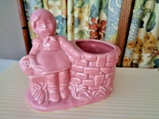 Vtg. Pink  Pottery  Planter Girl Sitting At Wishing Well