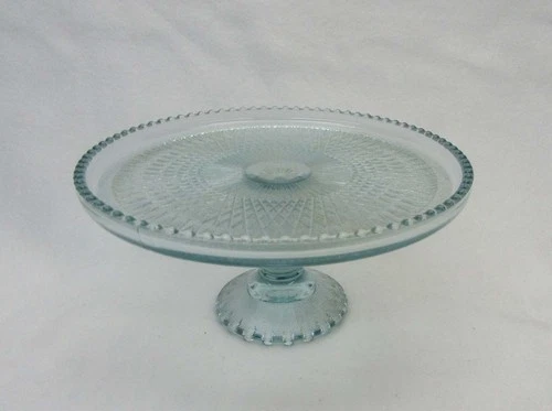 Vtg. Jeanette Blue Glass Harp Pattern Cake Stand Pedestal Beaded Edge 5” X 10”