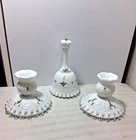 3 PC OF VINTAGE FENTON SPANISH LACE VIOLETS IN THE SNOW BELL & 2 CANDLESTICKS