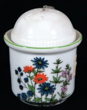 VTG PURPLE /ORANGE FLORAL TEA INFUSER BALL STRAINER W/ HOLDER 3" TALL NEW NO BOX