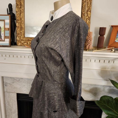 Vintage 80s Gray Pencil Peplum Dress 80s does 50s Marled Retro Size 12 - Picture 5 of 8