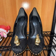 Alexander McQueen Gold Skull Suede Platform Black Pumps Heels (no Box) 38.5
