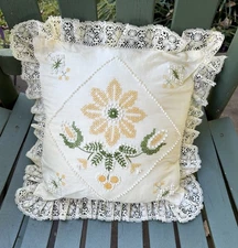 Vintage Cross-stitch w Lace Edge Pillow~ Floral Yellow Green White Cottage Core