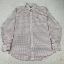 Genteal Shirt Mens L White W/ Orange Blue Check Print Button Up Pocket Duck Logo