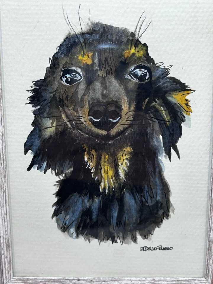 "Acuarela artística arte original de un Dachshund sonriente firmado enmarcado 9,5"" Hx7,5"" L" Foto 2 de 4