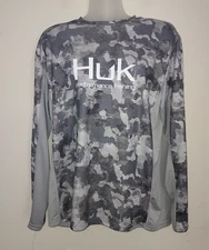 Huk  Mens Fishing Shirt Large Long Sleeve Sun Protection Gray Camoflauge