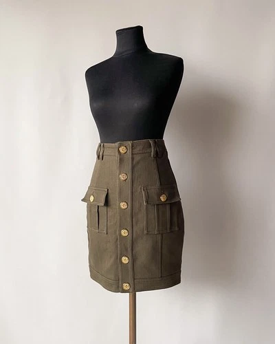 Balmain Olive Green Denim Mini Skirt Cargo Style Gold Buttons Size 36 - product listing photo