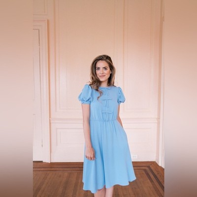 GAL MEETS GLAM x Nordstrom Sky Blue Ellie Crepe Puff Sleeve triple bow dress 10