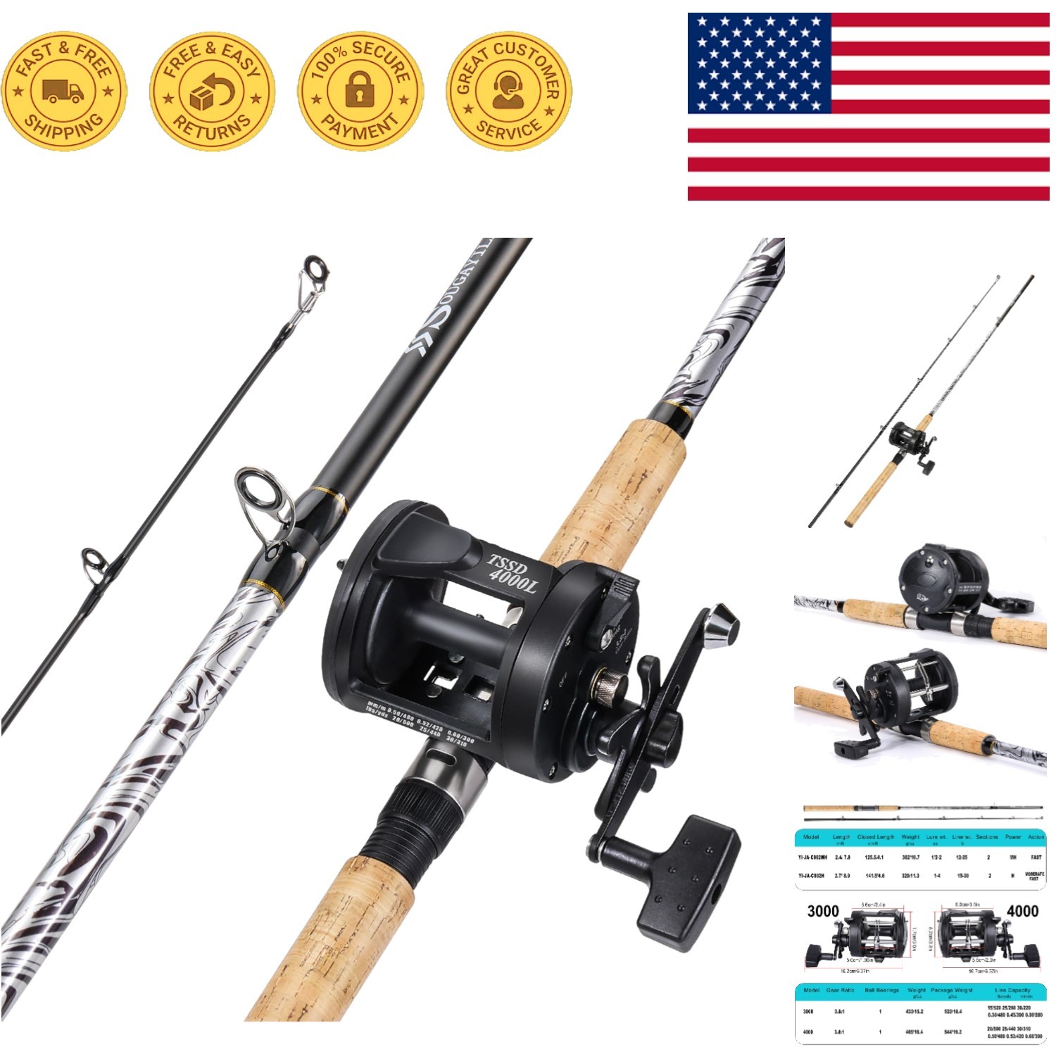 Versatile Fishing Combo - 8' Fiberglass Rod & 3000 Reel for Catfish, Bass,  Trout | eBay