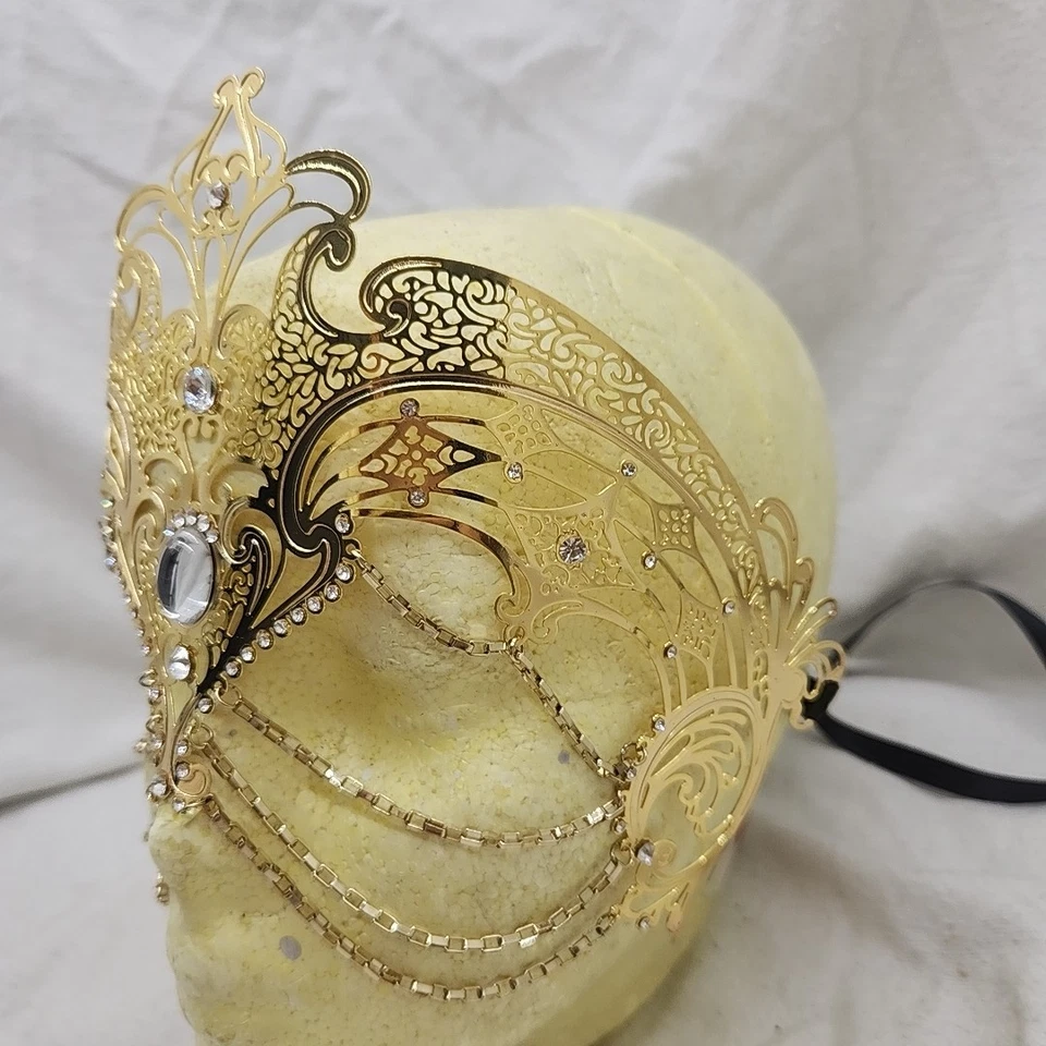 Mask Venetian Beistle Egyptian Chain Laser Cut Filigree Metal Masquerade Gold - Image 2 of 4