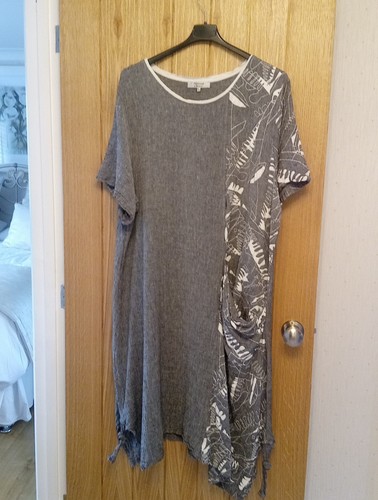 PERSONAL CHOICE GREY AND IVORY LINEN DRESS ASYMETRIC HEM -SIZE 24 -EXCELLENT - Picture 2 of 17