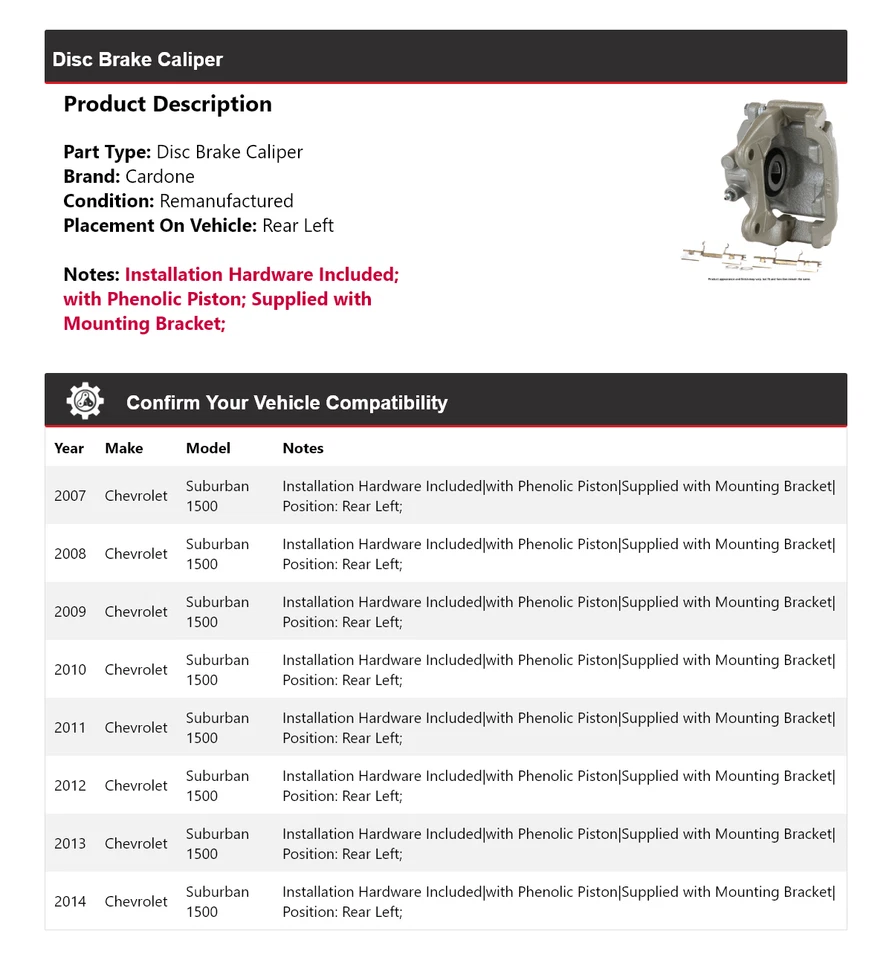 For 2007-2014 Chevrolet Suburban 1500 Disc Brake Caliper Rear Left Cardone 2008 - Image 2 of 4