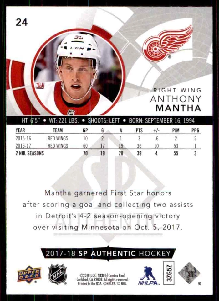 2017-18 Upper Deck SP Authentic Anthony Mantha #24 - Image 2 of 2
