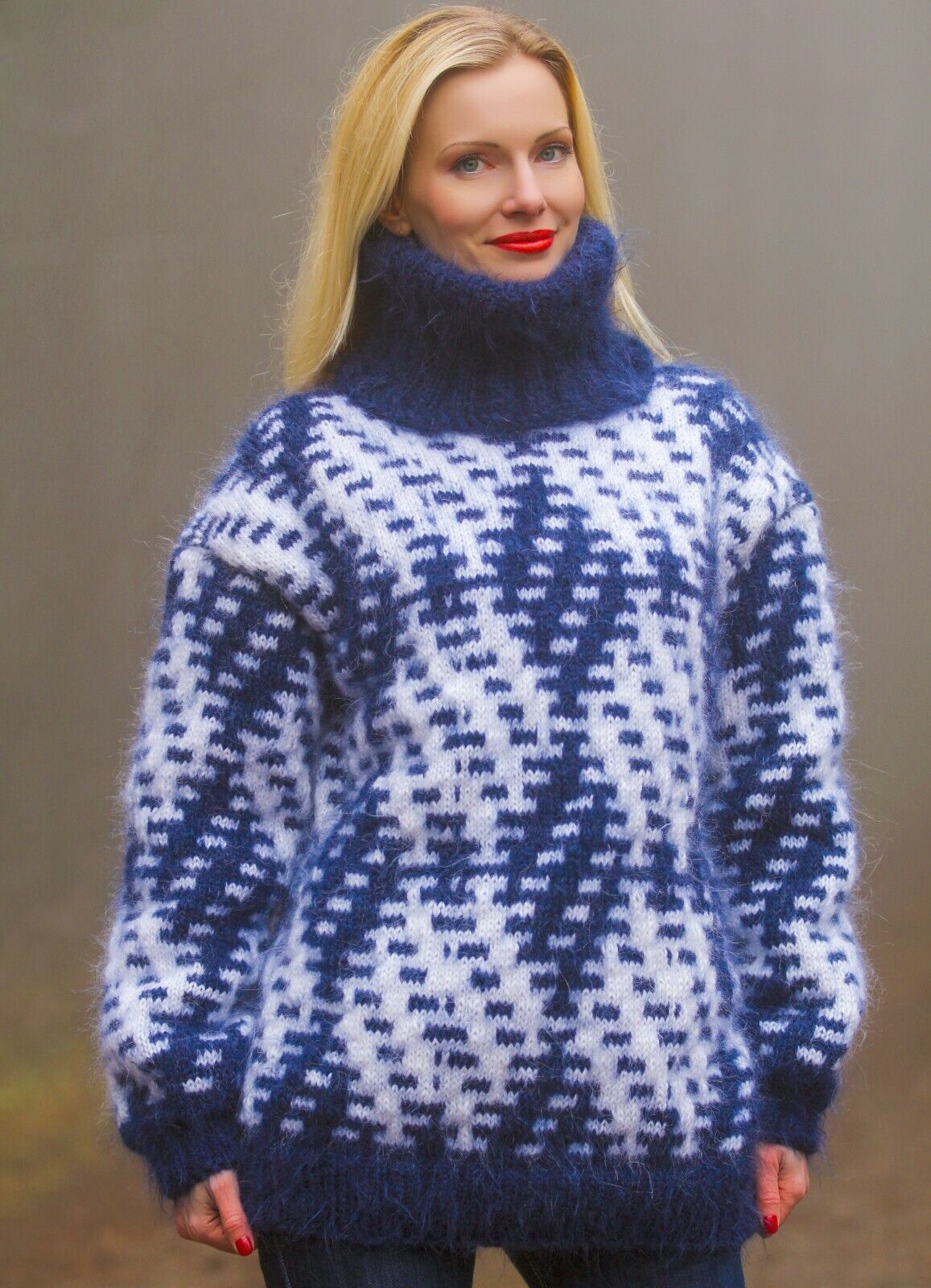 Blue white thick mohair sweater fuzzy turtleneck thick Nordic jumper  SUPERTANYA