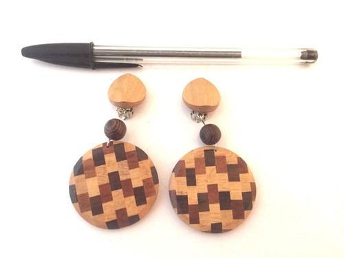 Ohrringe Kreise Checkered Holz Vintage Französisch Ohrringe - Bild 2 von 3