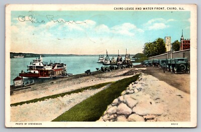 Levee & Water Front Cairo Illinois IL Old Cars Boats 1932 Postcard