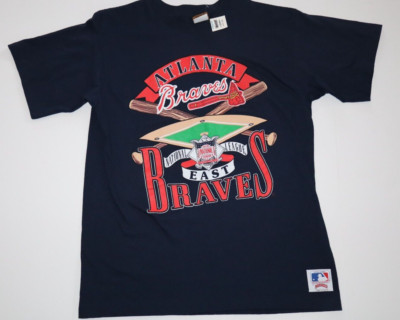 NEW VTG Nutmeg Baseball MLB ATLANTA BRAVES MENS L Large Navy Blue T-Shirt Top!