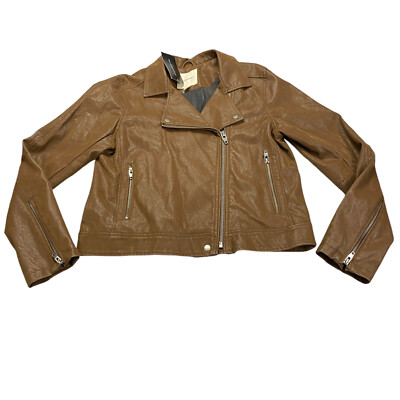 Thread & Supply Maxwell Jacket Womans Large Brown Faux Vegan Leather Zip Sleeves