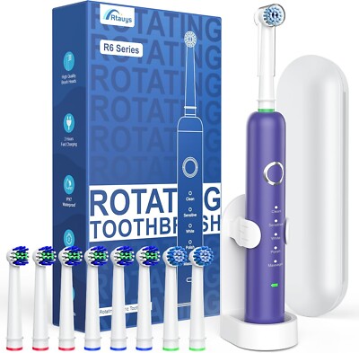 R6 Rotating Electric Toothbrush for Adults, 8 Brush Heads, Travel Case, Colors