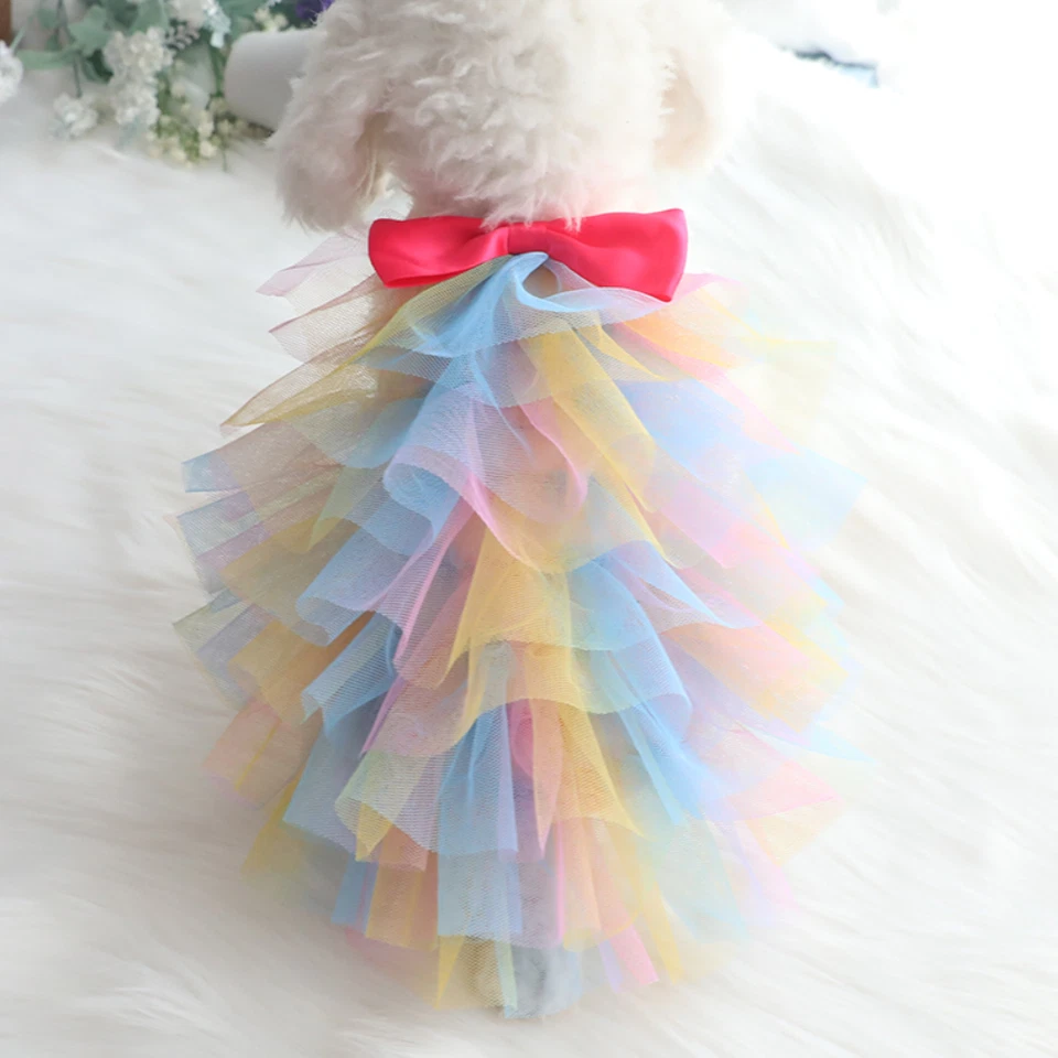 Mesh Lace Pet Dog Cat Princess Dress Strappy Rainbow Tutu Party Puppy Small - Image 3 of 4