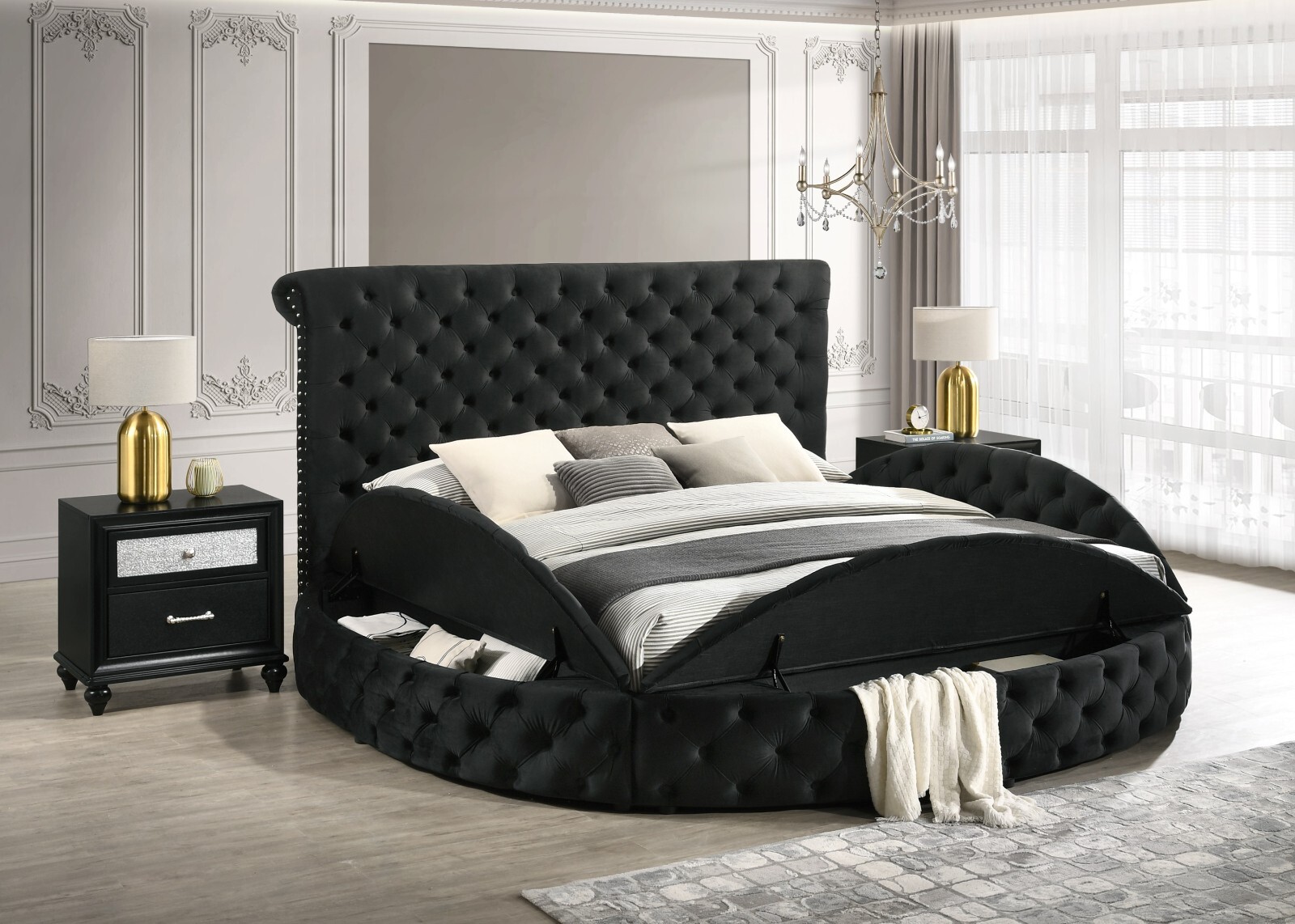 3pc Glam King Tufted Upholstered Storage Bed Set with Nightstands in Black-image