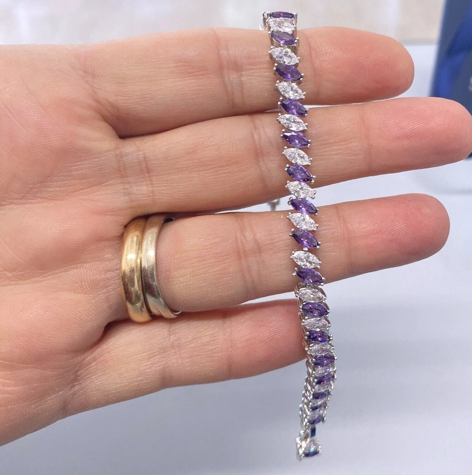 Bracciale Tennis Striscia Viola pl. oro Bianco 18k con Cristalli Zirconi B96 - Immagine 2 di 4