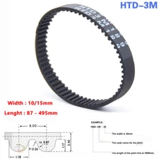 HTD Timing Belt 3M 3mm Pitch 10/15mm Wide 29-165Teeth CNC ROBOTICS - Choose Size