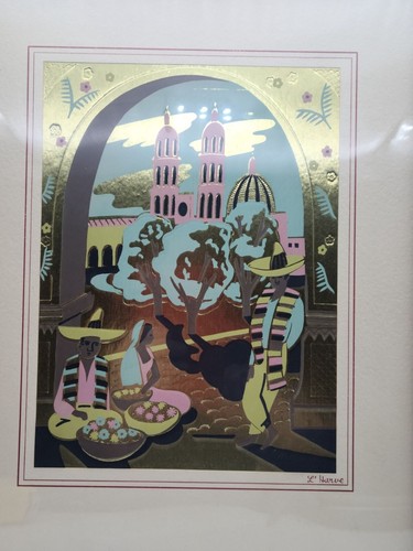 Vintage gerahmte mexikanische Marktszene Kunstdruck Goldfolie Akzente 13"x16" L' Harve - Bild 4 von 4