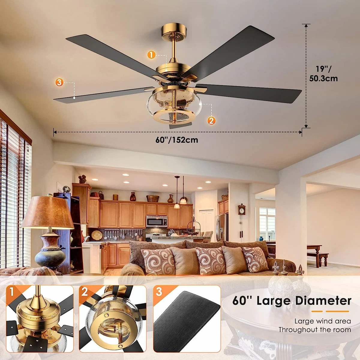 Remote Control 60 Inch Ceiling Fans with Lights, 5-Blade with Quiet DC  Motor | eBay