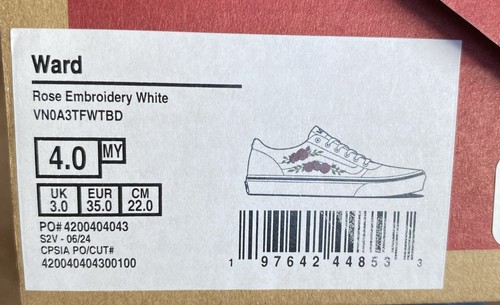 VANS Ward Girl's Missy Size 4 Sneakers Rose Embroidery White New - Picture 7 of 7