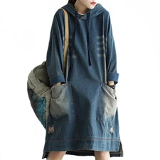 Autumn Korean Fashion Women Casual Hooded Dress Ripped Denim Vestidos Plus Sie 