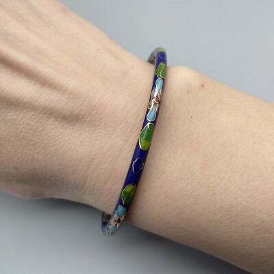Cloisonné Enamel Floral Flower Blue Bangle Bracelet Vintage Chinese Export 1970s