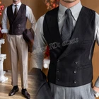 Mens Herringbone Peak Lapel Double Breasted Vest Business Wedding Waistcoat Tops