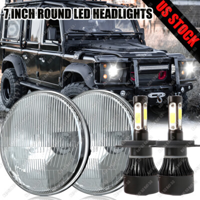 Pair 7'' inch Round LED Headlights DRL Hi/Lo Beam For Land Rover Defender 90 110