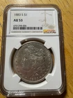 1883 S  MORGAN SILVER DOLLAR NGC AU 53,** VERY RARE COIN**