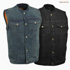 Mens Black or Blue Denim SOA Anarchy Style Motorcycle Vest - Gun Pocket - Outlaw