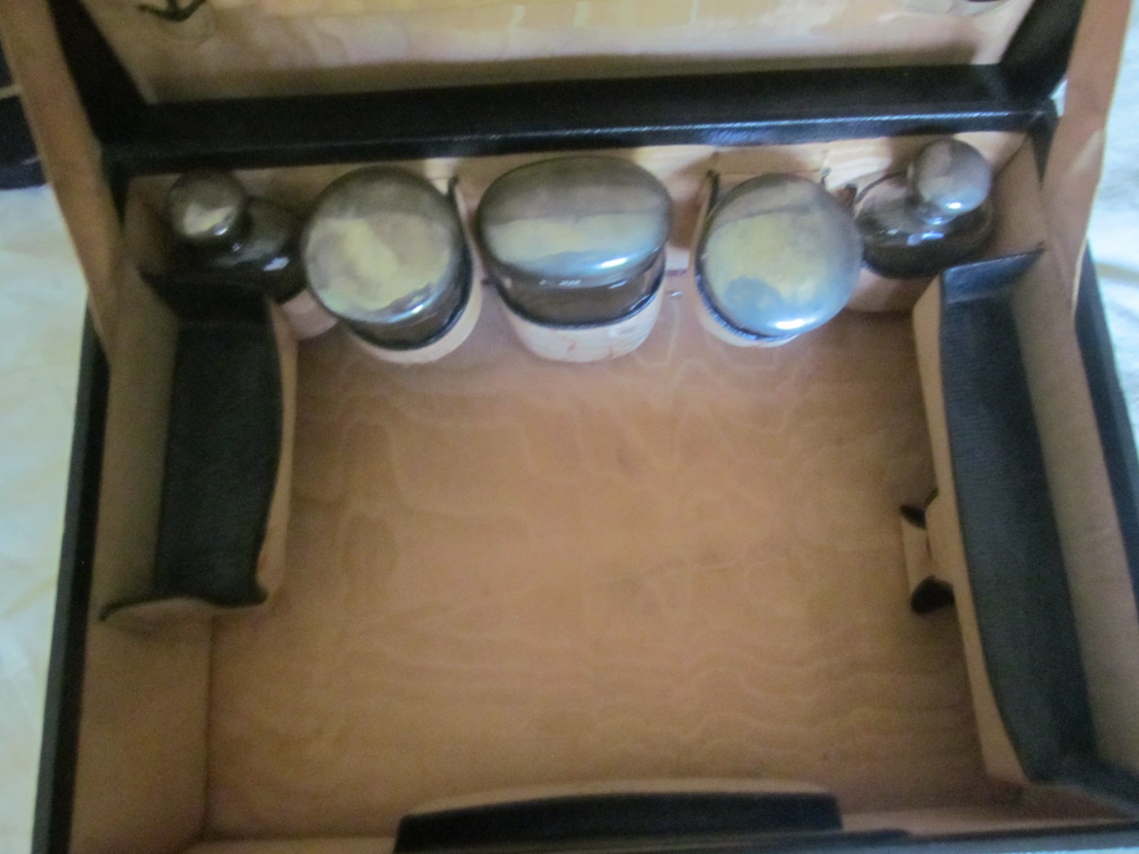 Mappin & Webb Vanity Travel Case Black Leather Silk Lining Sterling Lids jar Key