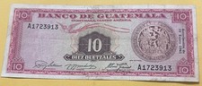 GUATEMALA 10 QUETZALES 1961 p47a Signatures: Galiano, Rivas, Paniagua