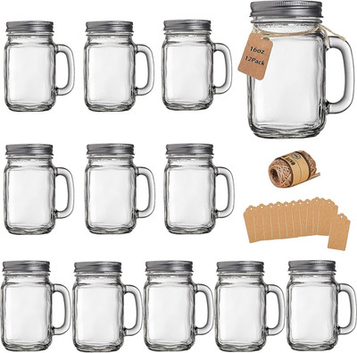 Mason Jar Cups, Mason Jars with Handle and Lids, Drinking Glasses Cups, Glass Mu