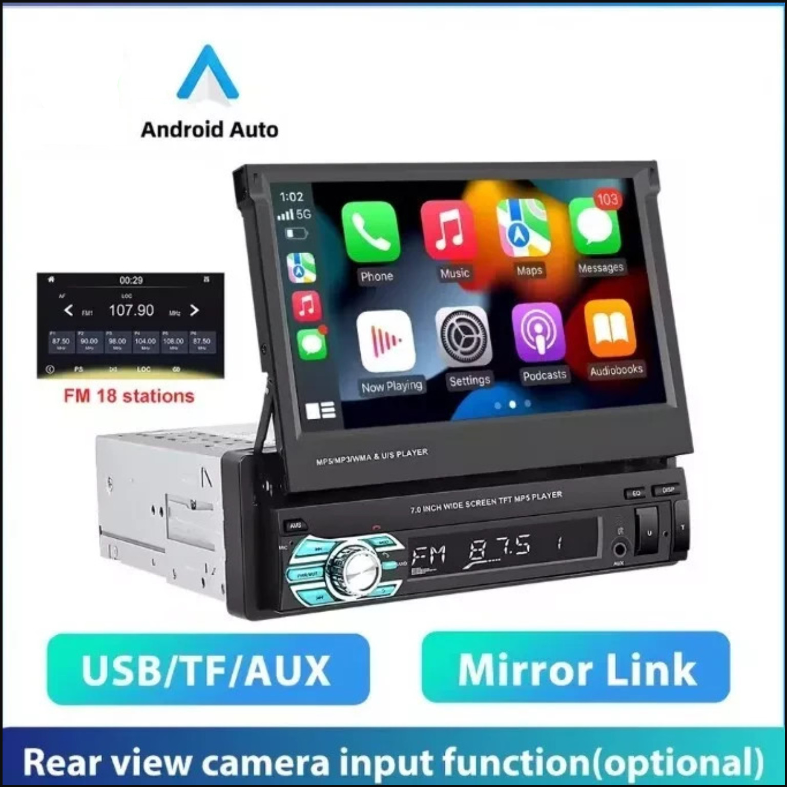 Autoradio Stereo a Scomparsa Motorizzato 7 Pollici 1DIN Tounchscreen Bluetooth