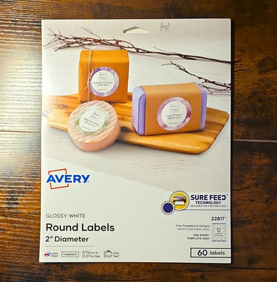 Avery Glossy White Round Labels 2'' Diameter Sure Feed Laser Inkjet 60 Pack 22817