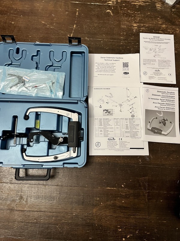 USED DENAR SLIDEMATIC FACEBOW, 1 MEASURING BOW, DENAR TRANSFER JIG, CASE