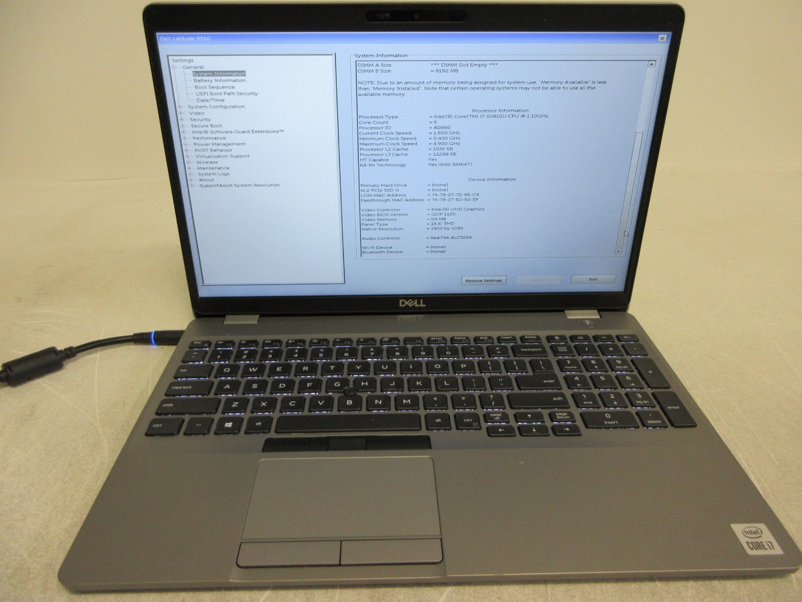 Dell Latitude 5510 Core i7-10810U 1.10GHz No RAM No HD No Pwr Adapter No Battery