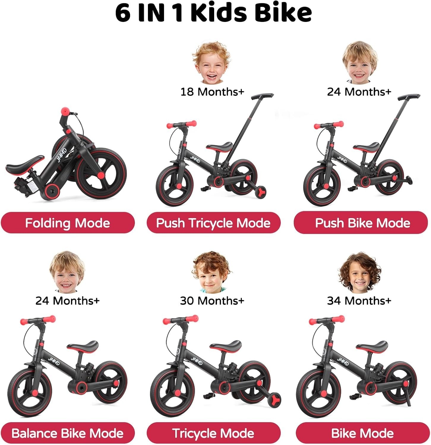 6 in 1 Toddler Bike with Push Handle for Kids 18-60 , 12" Foldable Balance Bi... thumbnail 3