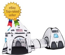 White Rocket Ship Pop up Play Tent with Tunnel and Playhouse Kids Indoor Outd...