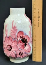 Vintage Italian Crackle Glaze Pottery Vase Pink Roses 3D Raised 7"Tall Very Nice