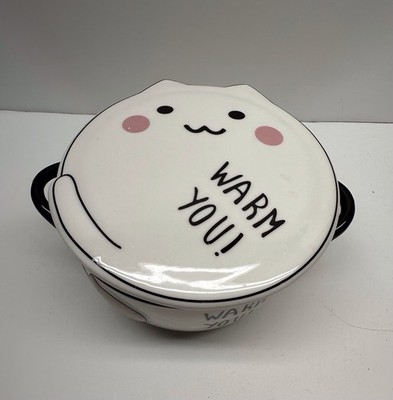 Ebros  Warm You Stoneware Porcelain Neko Cat Bowl W/ Lid